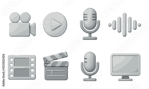 Digital media linear icons: video camera, play button, microphone, audio wave, film strip, clapperboard, podcast mic, monitor.