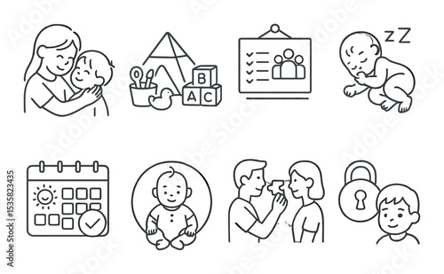 Family & parenting in linear style: sibling love, playroom icon, family goal chart, day planner, nap time icon, baby milestone, parenting teamwork, child lock.