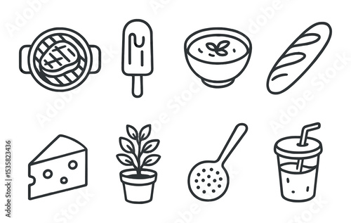 Food and drinks, linear style: steak on grill, popsicle, tomato soup, baguette, cheese wedge, herb plant, strainer spoon, fresh juice cup.