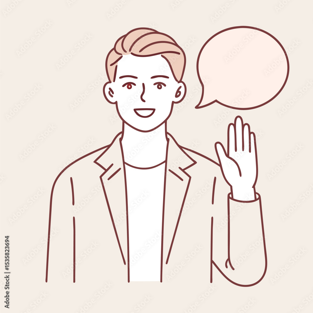 Fototapeta premium Smiling lightskinned man raises his hand near a speech bubble; wearing a blazer
