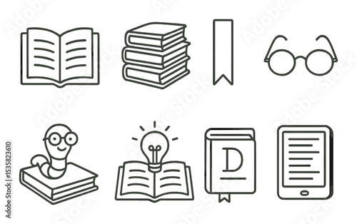 Reading & literacy in linear style: open book, stack of books, bookmark, reading glasses, bookworm, lightbulb over book, dictionary, ebook reader.