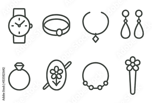Clothing icons linear style: watch, bracelet, necklace, earrings, ring, brooch, anklet, hairpin.