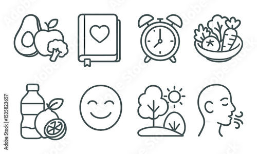 Healthy lifestyle in linear style: raw food icon, health logbook, early wake up icon, veggie meal, personal detox, smile care, nature time, breathing cycle.