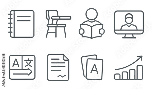 Education and e-learning, linear style: notebook, student desk, teacher book, virtual meeting icon, language lesson icon, essay paper, flashcards, learning progress bar.