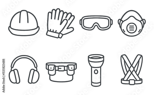 Construction icons linear style: worker helmet, gloves, goggles, dust mask, ear protection, tool belt, flashlight, harness.
