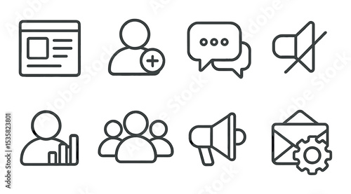 Social media & communication in linear style: post archive, friend request icon, real-time chat, mute icon, profile stats, group icon, announcement post, message settings.