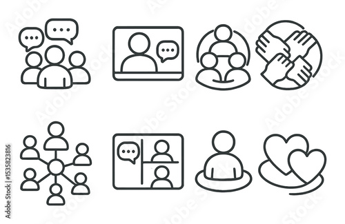 Social connection in linear style: group chat, video call, community circle, hands together, support network, shared screen, online meetup, connected hearts.