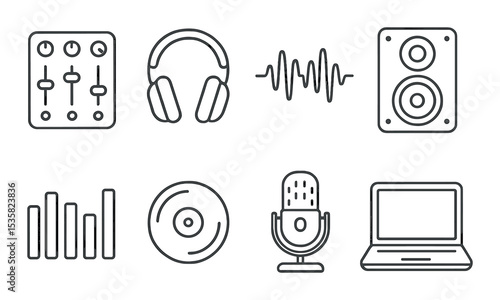 Music production in linear style: mixing board, headphones, waveform, speaker, equalizer, record icon, USB mic, laptop.