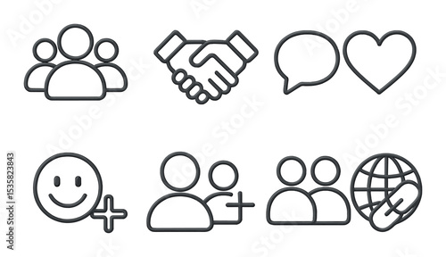 Social connection in linear style: group icon, handshake, chat bubble, heart, smiley, follow icon, friend icon, global link.