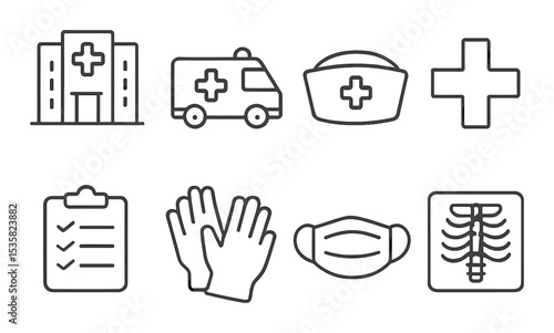 Medical icons linear style: hospital, ambulance, nurse hat, medical cross, clipboard, gloves, mask, X-ray.