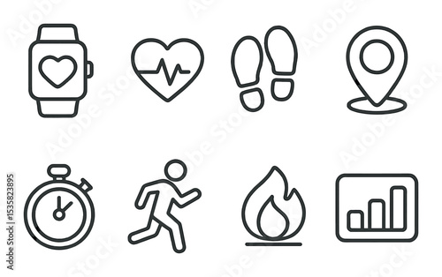 Fitness tracking in linear style: smartwatch, heart rate, steps, burned calories, GPS, stopwatch, running icon, fitness bar.