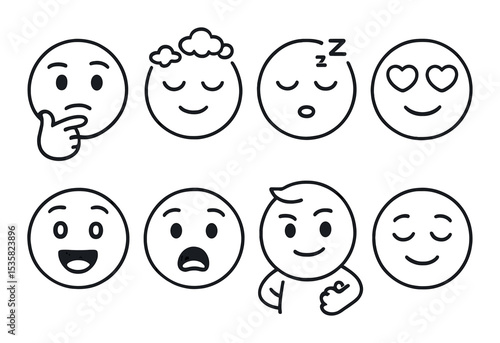 Emotion icons linear style: thinking, daydreaming, sleepy, love struck, excited, scared, brave, peaceful.
