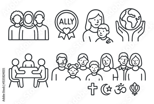 Diversity and inclusion, linear style: inclusive workplace, ally pin, interpreter icon, globe hands, mother and son, shared table icon, blended family, faith symbols.