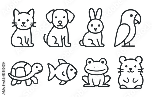 linear style icons of animals: cat, dog, rabbit, parrot, turtle, fish, frog, hamster.