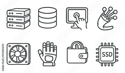 Technology icons linear style: server stack, database disk, touchscreen monitor, fiber optic cable, GPU fan, VR glove, crypto wallet, SSD chip.