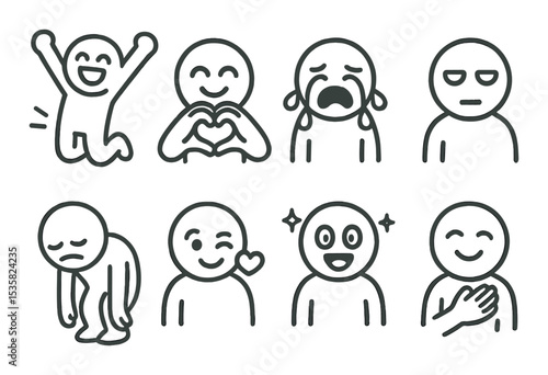 Emotion icons linear style: excited jump, heart hands, crying loudly, zoned out, tired slump, flirt wink, joy sparkles, hand on chest.