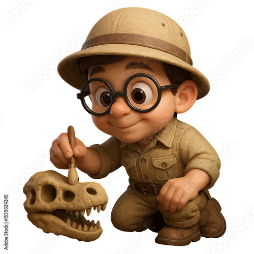 Curious Child Archaeologist Examining Dinosaur Skull Fossil