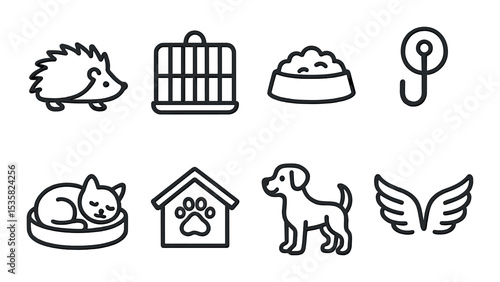 Pets & animals in linear style: hedgehog icon, pet cage, pet feeding icon, leash hook, cat nap spot, animal shelter, dog icon, bird wings.