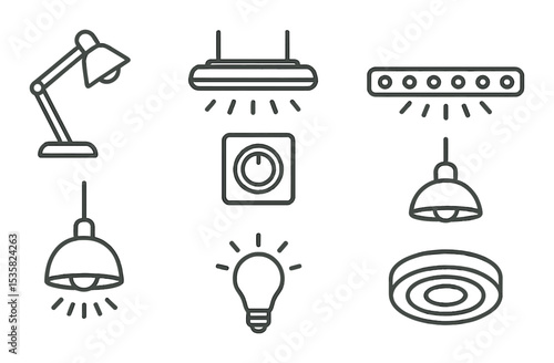 Workspace lighting in linear style: desk lamp, overhead light, dimmer, LED strip, pendant, bulb, switch, ceiling light.