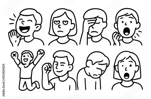 Emotional reactions in linear style: laughing out loud, eye roll, face palm, scream, jump of joy, fist pump, slouching, jaw drop.