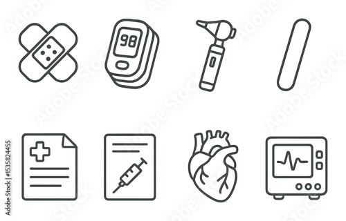 Medical icons linear style: wound dressing, pulse oximeter, otoscope, tongue depressor, medical chart, vaccine card, organ icon, EKG machine.