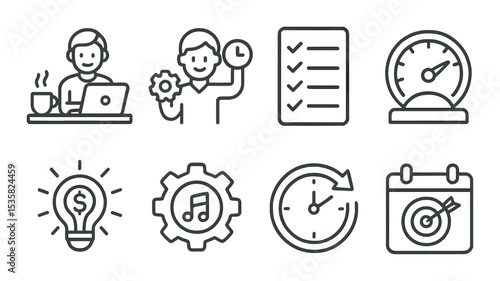 Time management & productivity in linear style: productive workday, multitask icon, checklist progress, goal meter, time-saving tip, work rhythm, clock arrow, calendar goal.