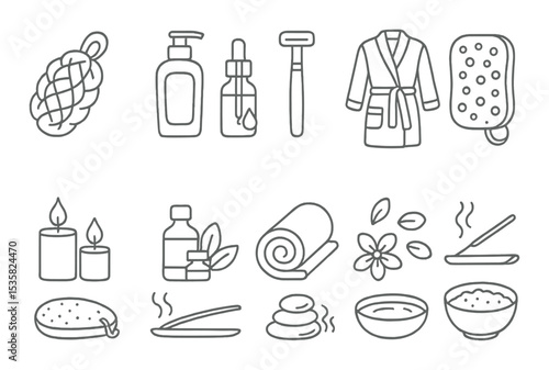Body care in linear style: loofah, shower gel, body oil, razor, lotion, bathrobe, sponge, pumice stone.