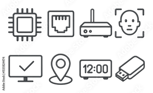Technology, linear style: processor chip, ethernet port, router, facial recognition, smart TV, GPS pin, digital clock, USB drive.
