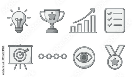 Educational goals in linear style: lightbulb icon, star trophy, growth chart, checklist, goal board, timeline, vision icon, reward medal.