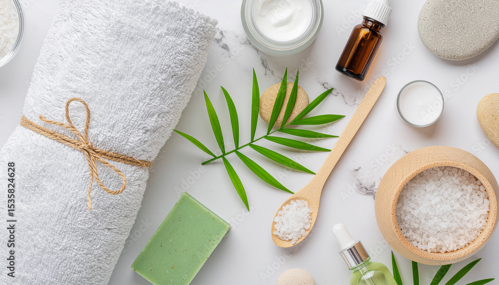 Natural Spa Flatlay with Salt, Cream, and Green Soap on Marble Background Natural Spa Flatlay with Salt, Cream, and Green Soap on Marble Background
