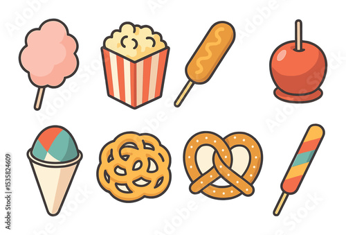 Carnival treats in modern flat vector : cotton candy, popcorn, corn dog, caramel apple, snow cone, funnel cake, pretzel, candy stick.