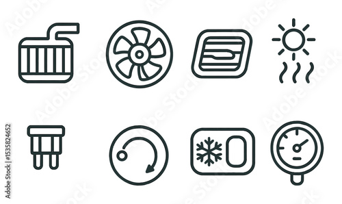Car heating system: heater, blower, air vent, warm icon, fuse, control button, AC switch, thermostat. Linear style, isolated, no text