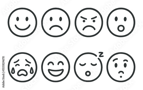 Facial expressions, linear style: happy face, sad face, angry face, surprised face, crying face, laughing face, sleepy face, confused face.