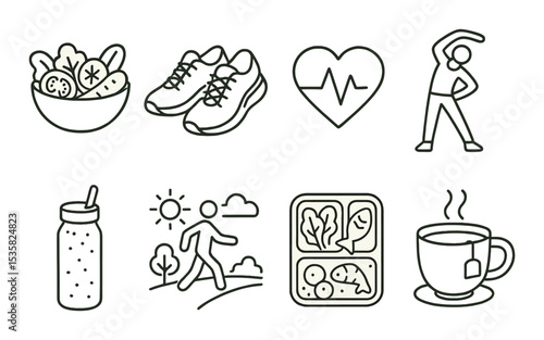 Healthy lifestyle in linear style: salad bowl, walking shoes, heart care icon, stretching move, smoothie bottle, outdoor activity, meal prep box, green tea cup.