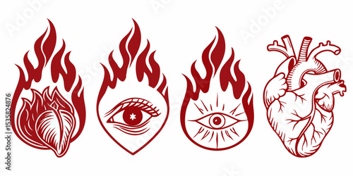 A set of graphic design elements with fire, eye, and human heart symbolism with a detailed vector illustration.