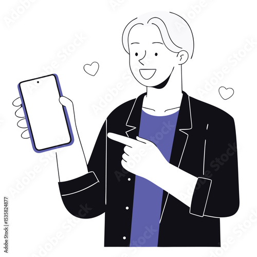 Joyful young man presents a blank phone display while pointing and expressing excitement