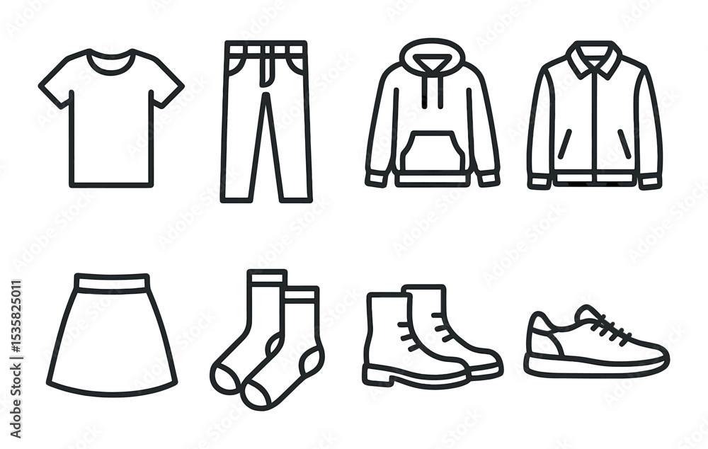 linear style icons of clothing: t-shirt, jeans, hoodie, jacket, skirt, socks, boots, sneakers. linear style icons of clothing: t-shirt, jeans, hoodie, jacket, skirt, socks, boots, sneakers.