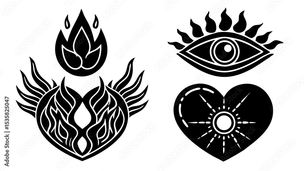 Bold black and white vector illustrations depicting heart eye flame and sun symbols in decorative design Bold black and white vector illustrations depicting heart eye flame and sun symbols in decorative design