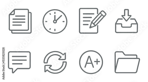 Homework & assignments in linear style: paper stack, deadline clock, pencil and paper, submission box, notes icon, redo arrows, grade icon, open folder.