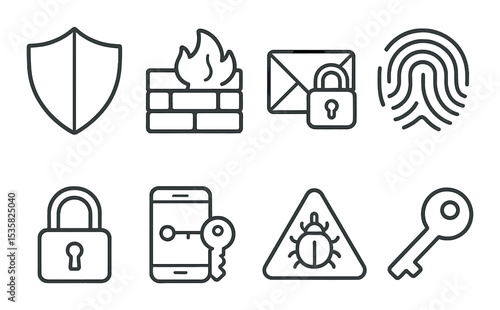 Online security, linear style: shield icon, firewall, encrypted message, fingerprint, padlock, two-factor icon, virus alert, key.