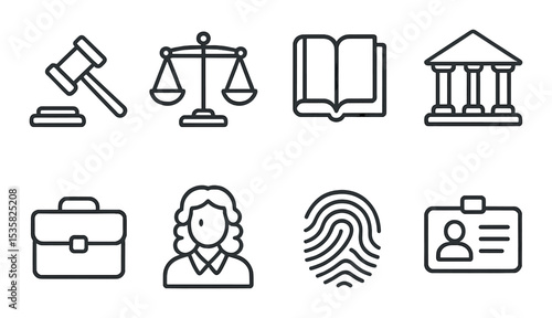 Legal and law, linear style: gavel, scales of justice, legal book, courthouse, law briefcase, judge icon, fingerprint, ID card.