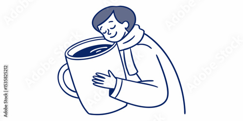Illustration of a person embracing a large coffee mug with contentment a simple outline style vector design.