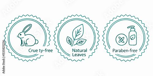 Illustration of three product badges highlighting cruelty free natural leaves and paraben free skincare attributes