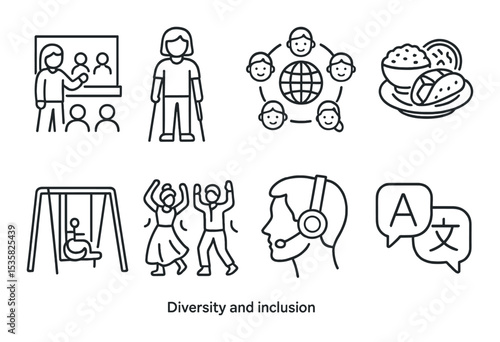 Diversity and inclusion, linear style: inclusive classroom board, person with crutches, world unity icon, multicultural food, adaptive play equipment, cultural dance, assistive tech headset,