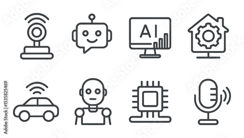 AI & robotics in linear style: robotic sensor, chatbot icon, AI analytics, smart system icon, autonomous vehicle, humanoid robot, data processing, speech recognition.