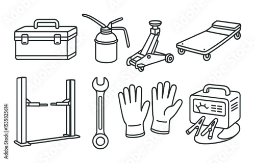 Garage items: toolbox, oil can, jack, creeper, lift system, wrench, gloves, battery charger. Linear style, isolated, no text