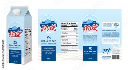 Vector milk blue and white carton box design. Reduced fat milk carton packaging design concept