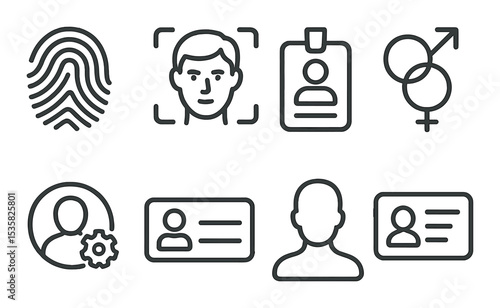 Personal identity in linear style: fingerprint, face scan, user badge, gender icon, profile customization, name tag, silhouette, identity document.