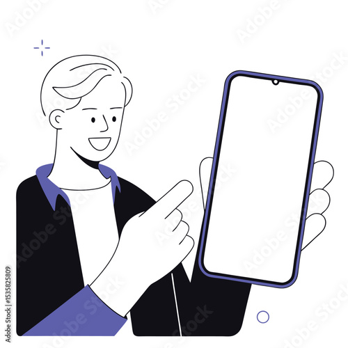 Smiling man presents a clean phone interface in a minimalist line drawing style