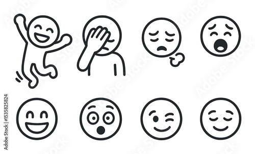 Emotion icons linear style: joyful jump, facepalm, disappointed sigh, screaming face, grinning face, shocked eyes, playful wink, relieved face.